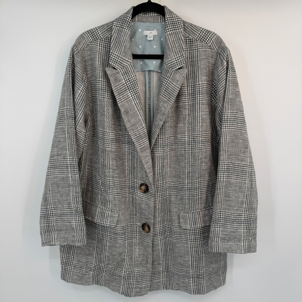 J. Jill Womens Grey Glen Plaid Linen Cotton Blend Button Front Blazer XL